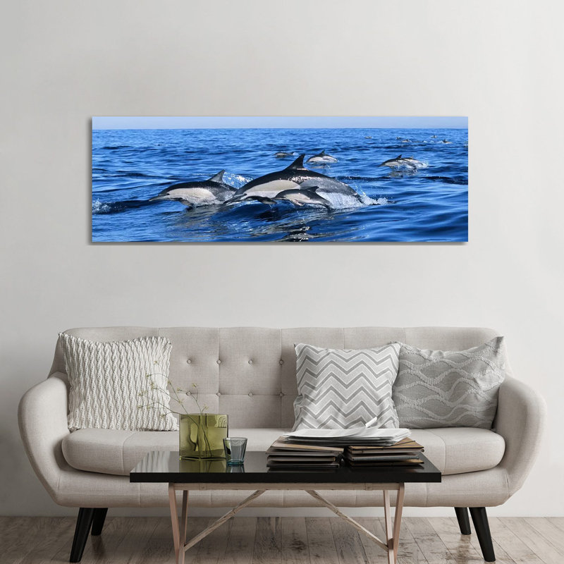 Common Dolphins Breaching In The Sea - Wrapped Canvas Panoramic Print, 182.88 cm H x 60.96 cm W