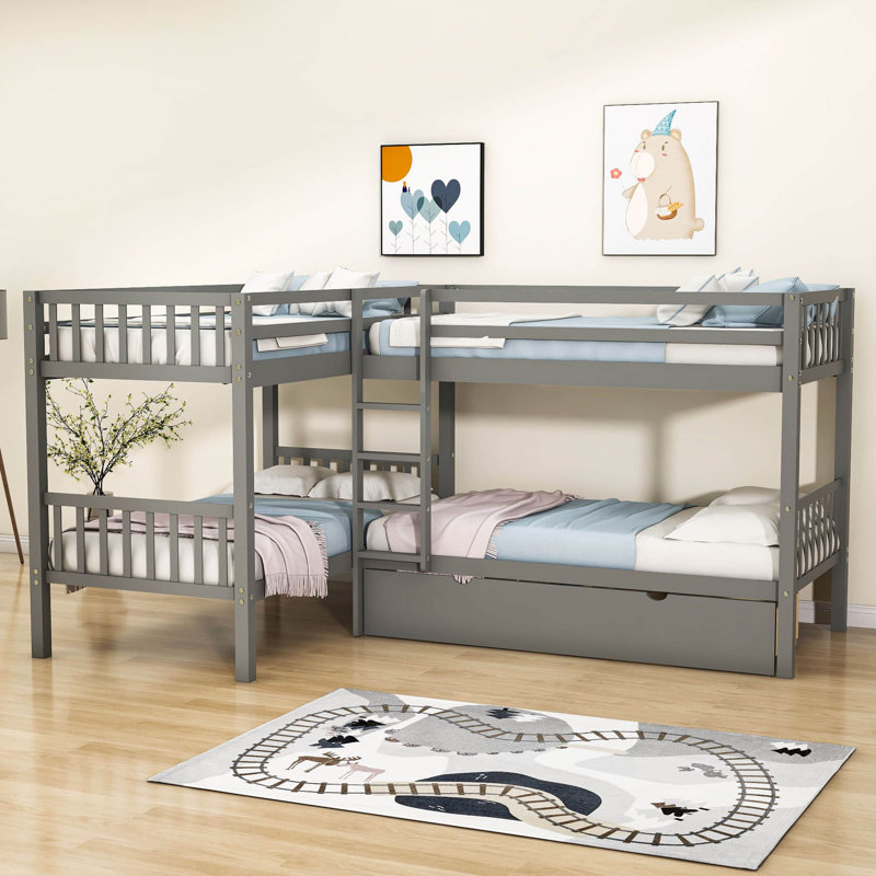 Twin Size L-Shaped Bunk Bed With Three Drawers, Gray