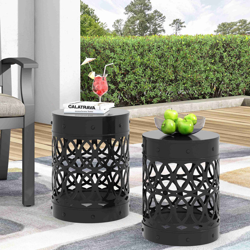 Table de bout en fer thermolaqué d'extérieur, ensemble de 2, 2, Black