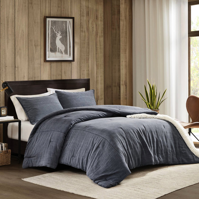 Édredon en sergé lavé très grand / très grand 3 pièces, 100% coton bleu, rembourrage toutes saisons, douceur moelleuse et confortable