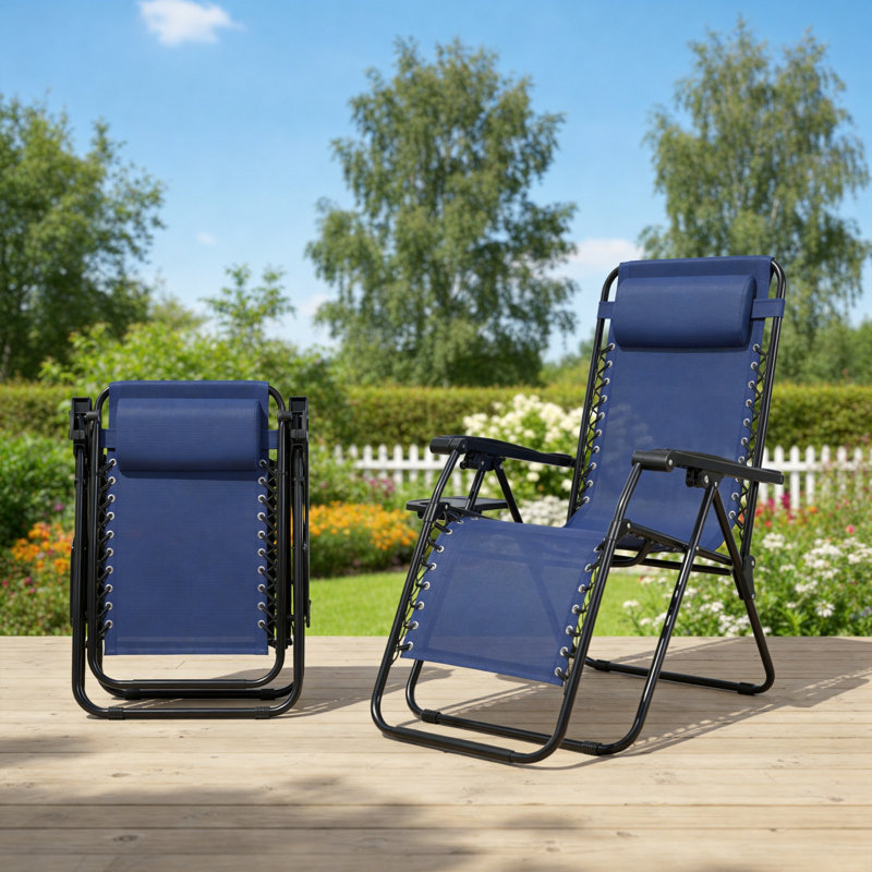 Blue Outdoor Zero-Gravity Folding Lounge Chair Two-Piece Set, Portable And Adjustable With Cup Holder, Tray, And Pillow. Suitable For Pools, Gardens, Patios, And Lawns.