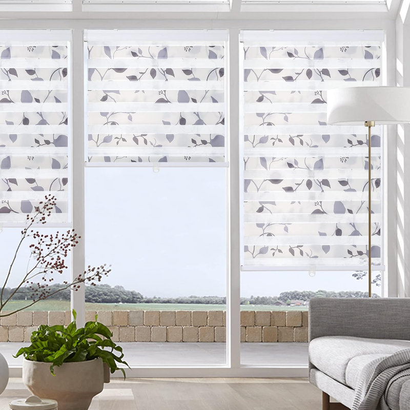 Store à enroulement zébré sans cordon à double couche avec motif imprimé, Feuilles grises, L 60 po x L 72 po