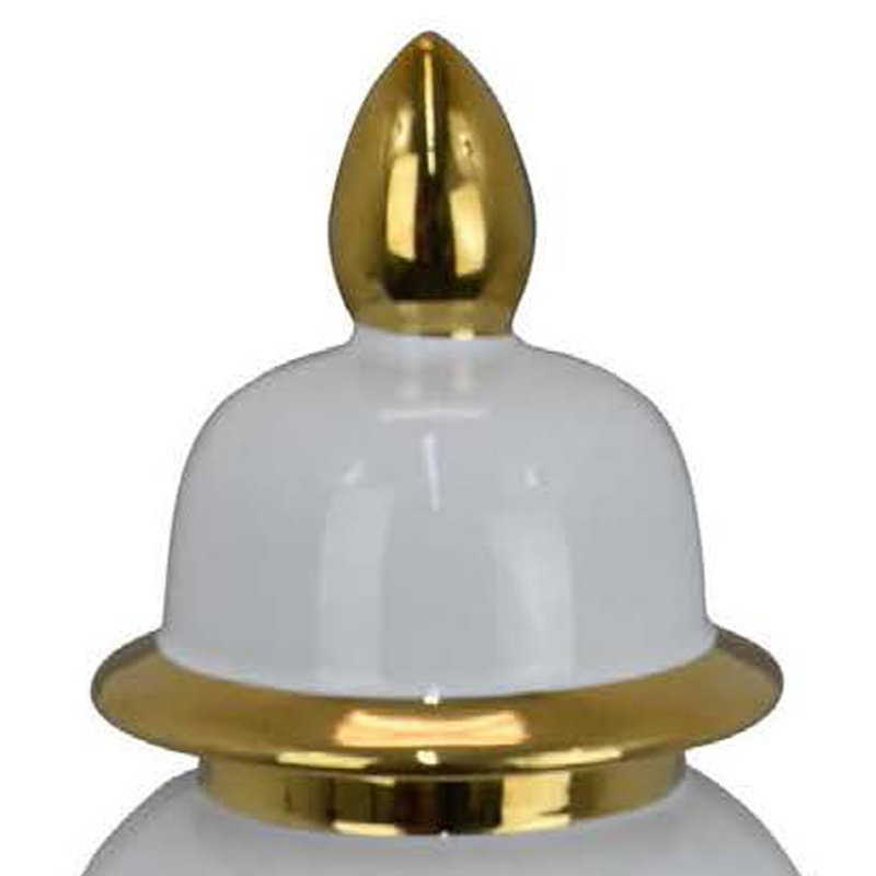 Risy Covered Jar, Gold Finial, White Curved Ceramic Base, 17" H x 7" W x 7" D