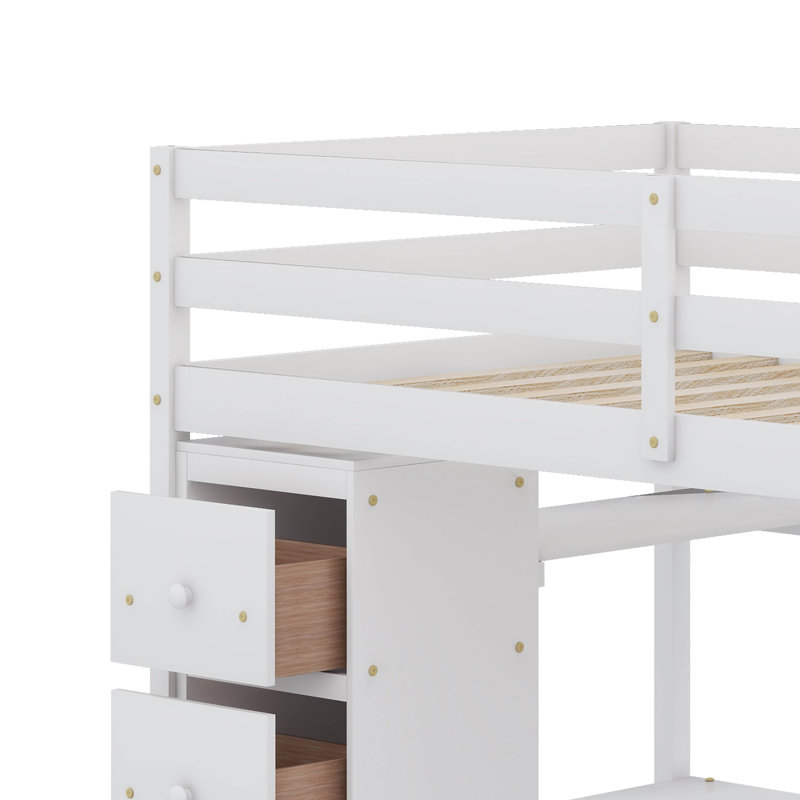 Lit mezzanine simple avec tiroirs de rangement, tablettes et escaliers, Blanc