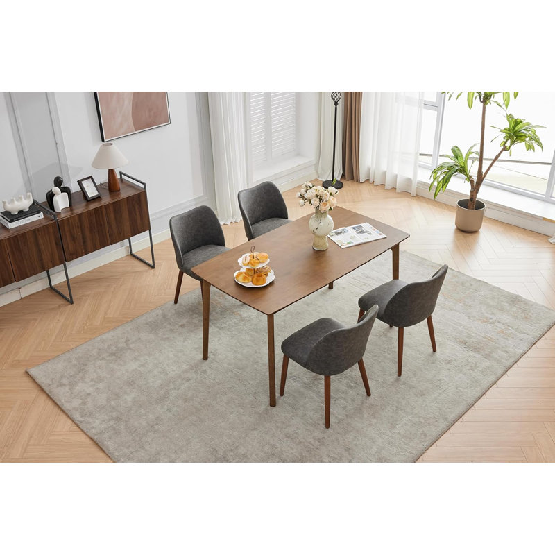 Upholstered Dining Chair with Wood Legs, Wing Backrest, Wooden Kitchen Chair with Thick Cushions, Gray