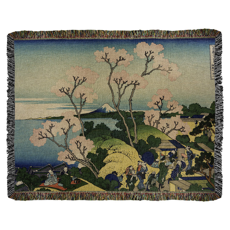 Jeté en coton Mountain Fuji and Cherry Blossoms, Vert / noir / bleu