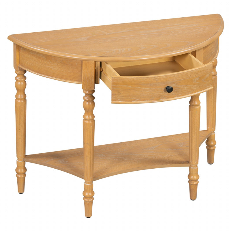 Console rustique demi-lune avec tiroir et tablette, Naturel