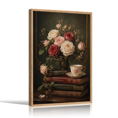 Roses rouges et crème avec livres empilés et tasse de thé, art mural d'Halloween