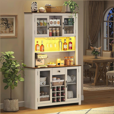 70.9" Kitchen Pantry Storage Cabinet Rustic Buffet Cabinet, Kitchen Hutch Cabinet with LED Outlets Food Pantry Cabinet with Doors and Shelves Wine Rack