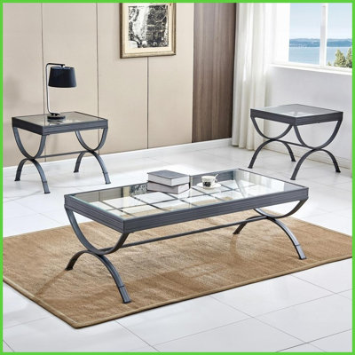Ensemble de tables basses 3 pièces Emerson avec dessus en verre trempé, base en métal thermolaqué résistant aux égratignures