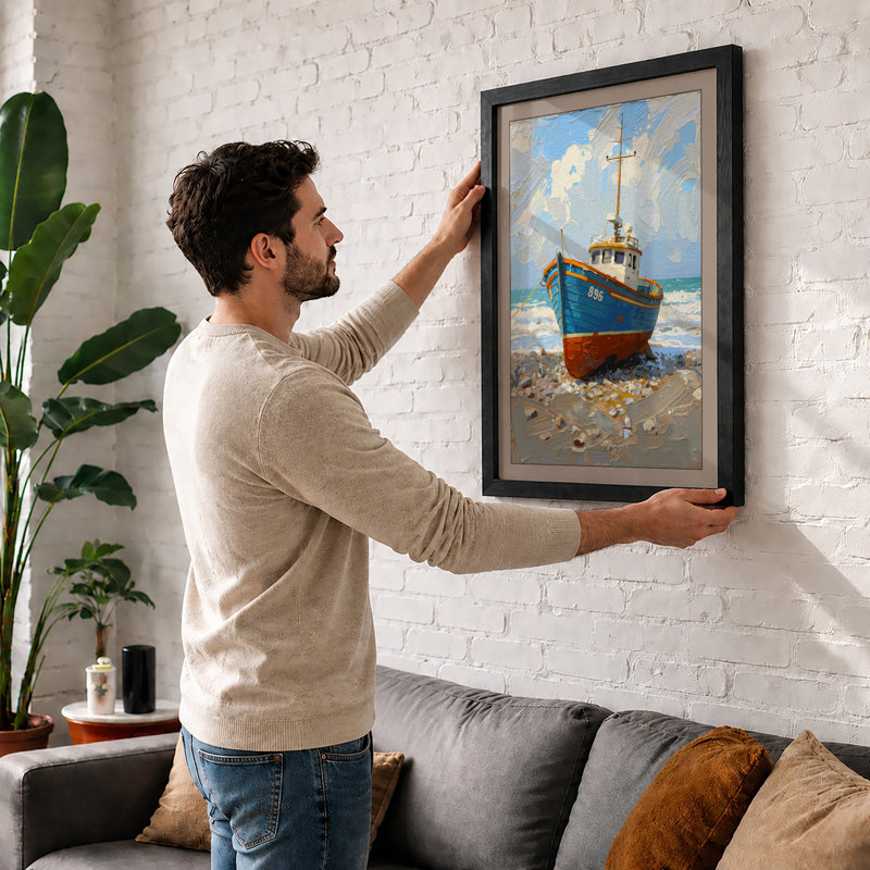 Beached Vessel at Rest Coastal - Framed Print, A3 - 42.0 x 29.7 cm, Oak