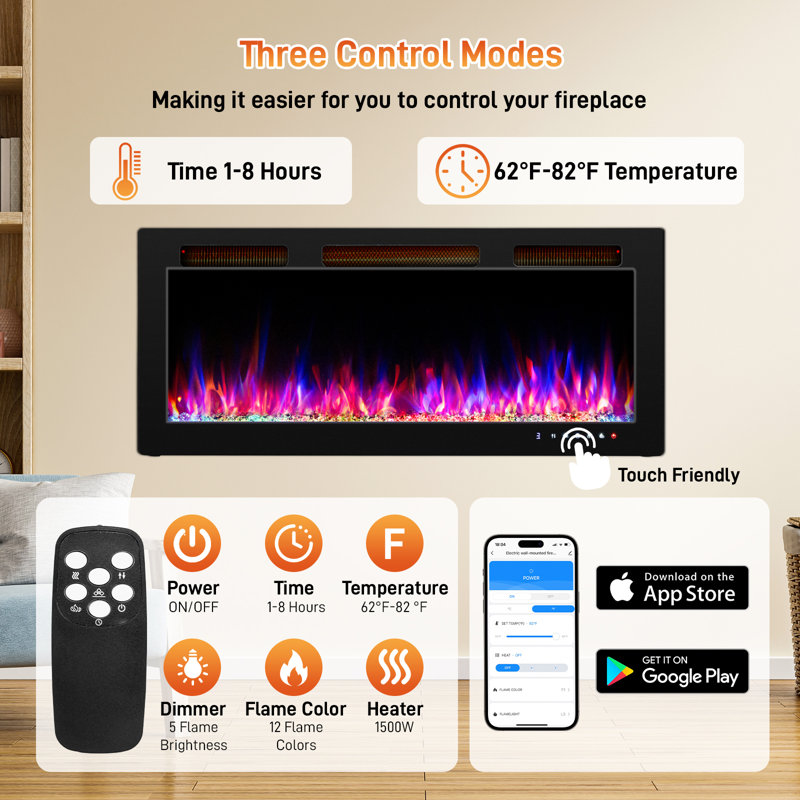42 In. Wall Mounted Electric Fireplace With 12 Flame Colors And Wifi Function In Black, 18.5" H x 42" W x 4.1" D