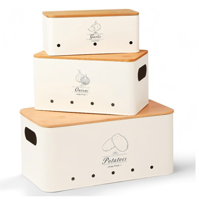 Kitchen Vegetable Storage Tins Set Of 3 For Potatoes, Onion, Garlic, Vegetable Storage Containers With Ventilation And Bamboo Cover