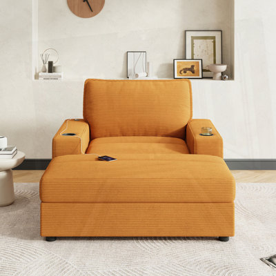 Corduroy Sofa Bed with Cup Holders & USB Charging Port