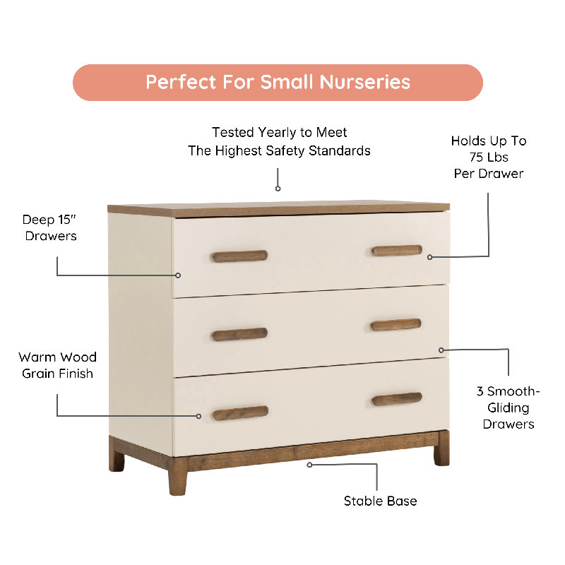 Lala Little 3-drawer dresser, Almond Milk/Walnut