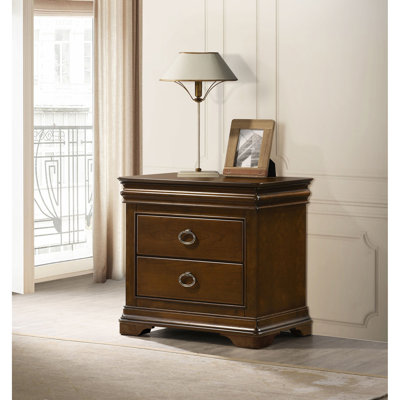 Table de chevet à trois tiroirs en cerisier brun avec A et C, bois d'hévéa massif, moulures couronnées, tiroirs doublés de feutre, poignées anneaux rétro pour le rangement de la chambre à coucher 3 ports, couleur, bois d'ingénierie, nickel antique