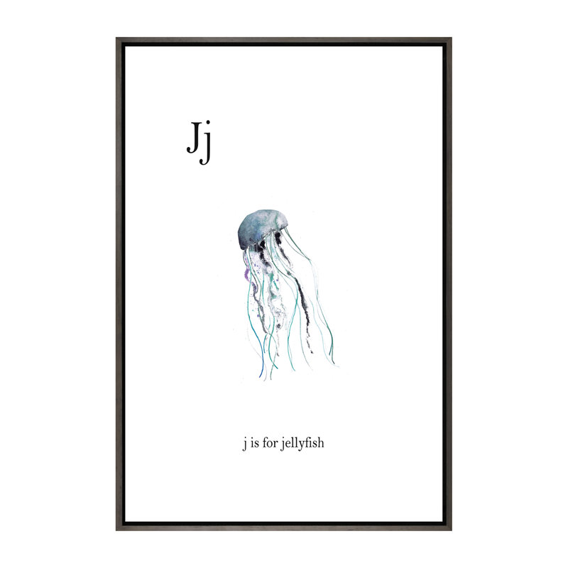 Décoration murale J Is for Jellyfish Kids, H 60 po x l 40po x P 1,5 po, Toile avec cadre gris foncé rustique