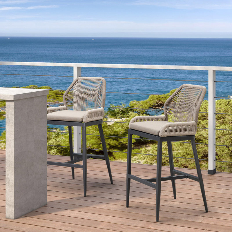 Dark Grey Twill Cushioned Outdoor Bar Stools with Rope Weaving