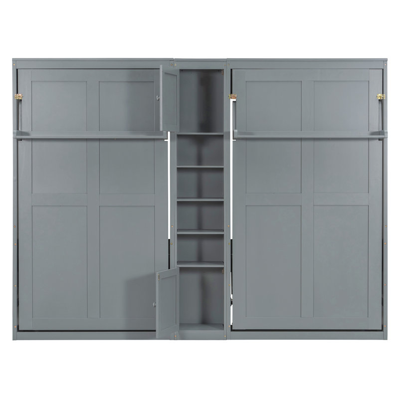 Lits simples escamotables doubles avec armoires et tablettes, Gris