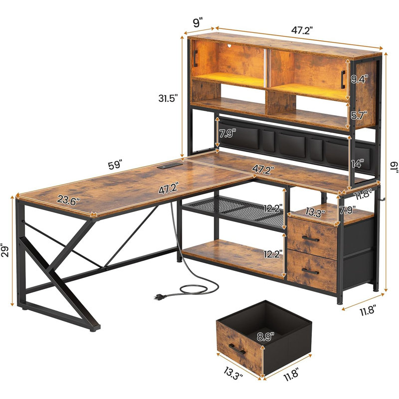 59" L Shaped Computer Desk With 2 Drawer and Bookshelf, Brown/Black