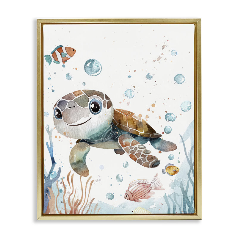  «Sourire bébé tortue», art mural encadré par Franklyn Gregory, H 21 po x l 17 po, Cadre flottant métallique doré