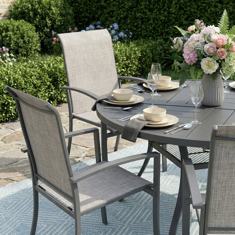 Ensemble de salle à manger de patio 6 personnes avec chaises empilables Textilene, Gris / Gris
