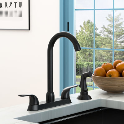 Robinet d'évier de cuisine noir mat, 2 poignées avec côté escamotable, 4 installations, acier inoxydable 304, résistance à la ternissure, bec pivotant à arc élevé 360, robinet noir à débit de 1,75 gal / min, jet, installation, acier