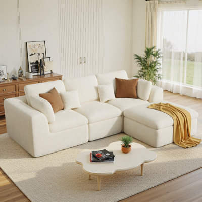 110" Cloud Sectional Couches for Living Room, Boneless L-Shape Couch with Ottoman, 3 Seater Modular Sectional Sofa, Beige