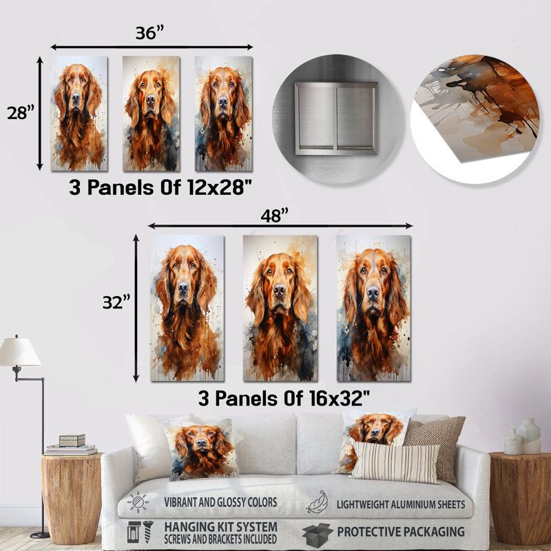 «Dog Irish Setter Impressions», ensemble de 3 reproductions d'art en métal, H 32 po x l 48 po