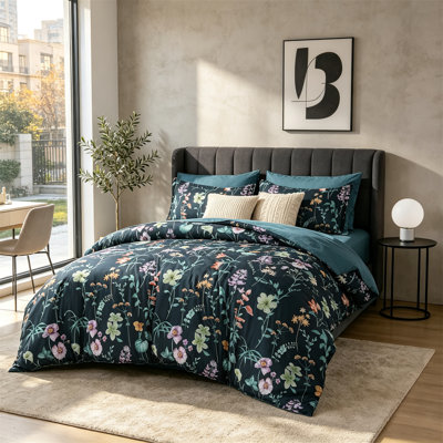 Peacock Blue Floral King Comforter Set, 7 Piece Bed in a Bag with Sheets and Shams