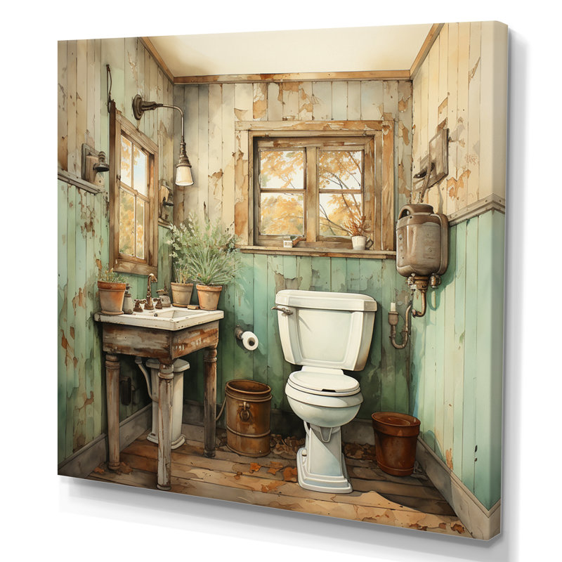 Vintage Toilet Farmhouse Retro II - Bath & Laundry Wall Art Living Room, H 16 po x l 16 po x P 1 po, Toile tendue