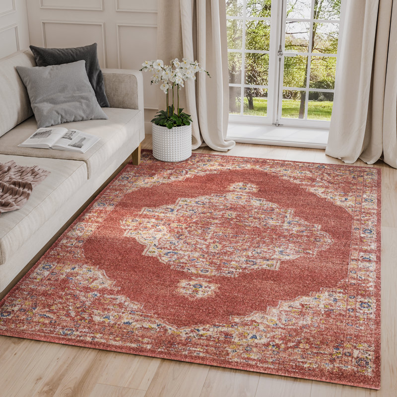 Tapis beige / rouge tissé à la machine Slay, Rectangle 4 pi x 6 pi