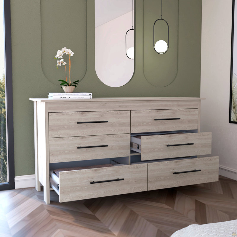 Commode double, quatre pieds, 6 tiroirs, plateau supérieur, gris clair