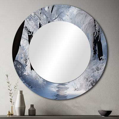 Winter Frosty Forest II - miroir décoratif paysage d'hiver, grand miroir mural rond blanc, impression d'art en métal