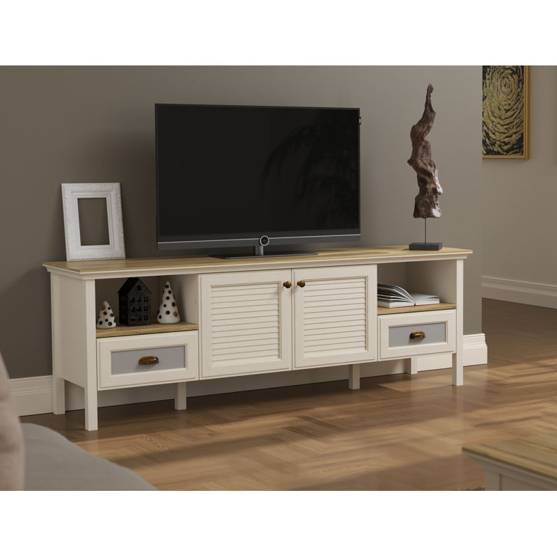 Modern TV Stand with Adjustable Shelves, Cream & Oak Finish, 71.3 x 24.3 x 17.4 inches | 100% Melamine Coated Particle Board & MDF Doors, 0.8 mm Edge Banding | Sturdy MDF Profile Legs, Wall-Mountable Design