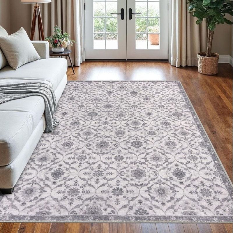Light Gray Distressed Floral Rug 5' x 7' for Entryway