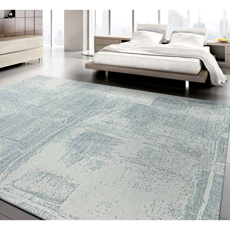 Tapis rectangulaire gris / argent en laine / viscose noué à la main, null, Rectangle 6 pi x 9 pi