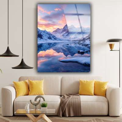 Hiver neige paysage de montagne - art mural neige, coucher de soleil en verre trempé