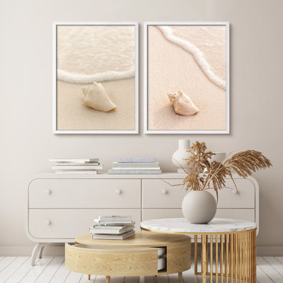 Coastal Seashell Beach Wall Art Print Set - Minimalist Ocean Shore Photography Framed 2-Piece Set for Bathroom or Bedroom Decor