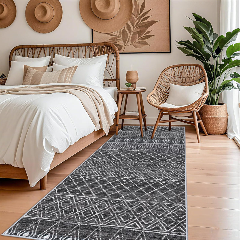 Washable Rugs - Long Hallway Rug Low Pile Rug with Non Slip Backing Floor Mat Moroccan Indoor Carpet for Kitchen Bedroom Entryway Black