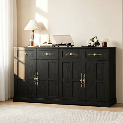 Buffet de style campagnard moderne – 4 portes et 4 tiroirs – Grand espace de rangement pour la salle à manger – Poignées dorées – Idéal pour la cuisine, le salon ou l'entrée