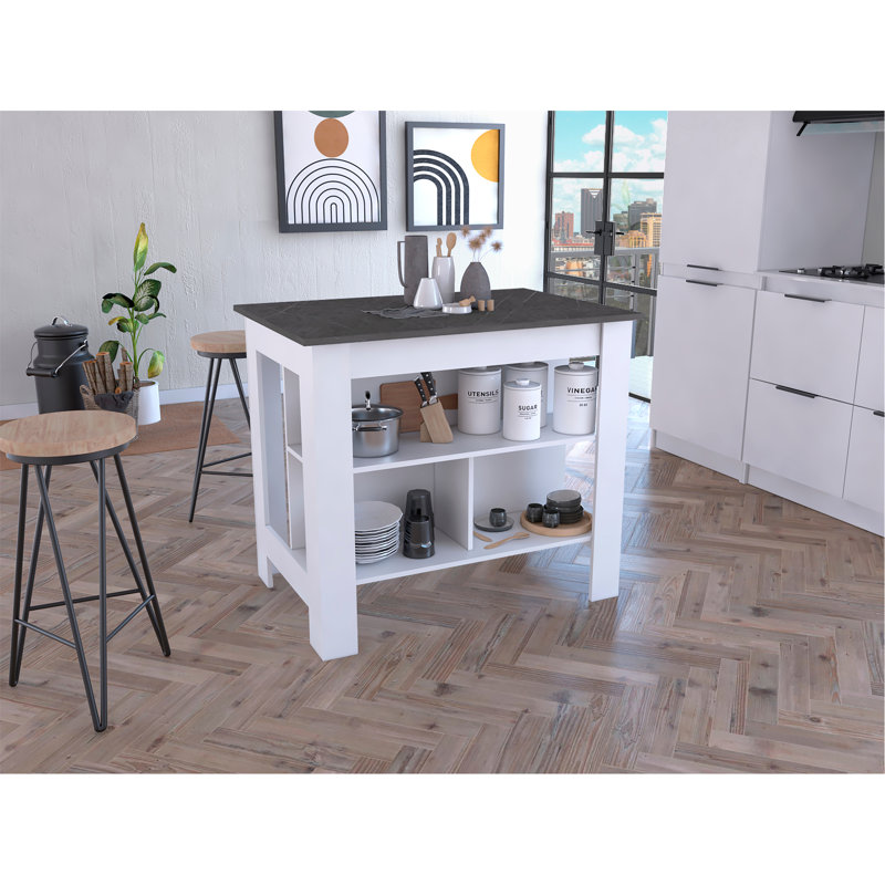 Kitchen Island, Four Legs, Three Shelves, Black/White