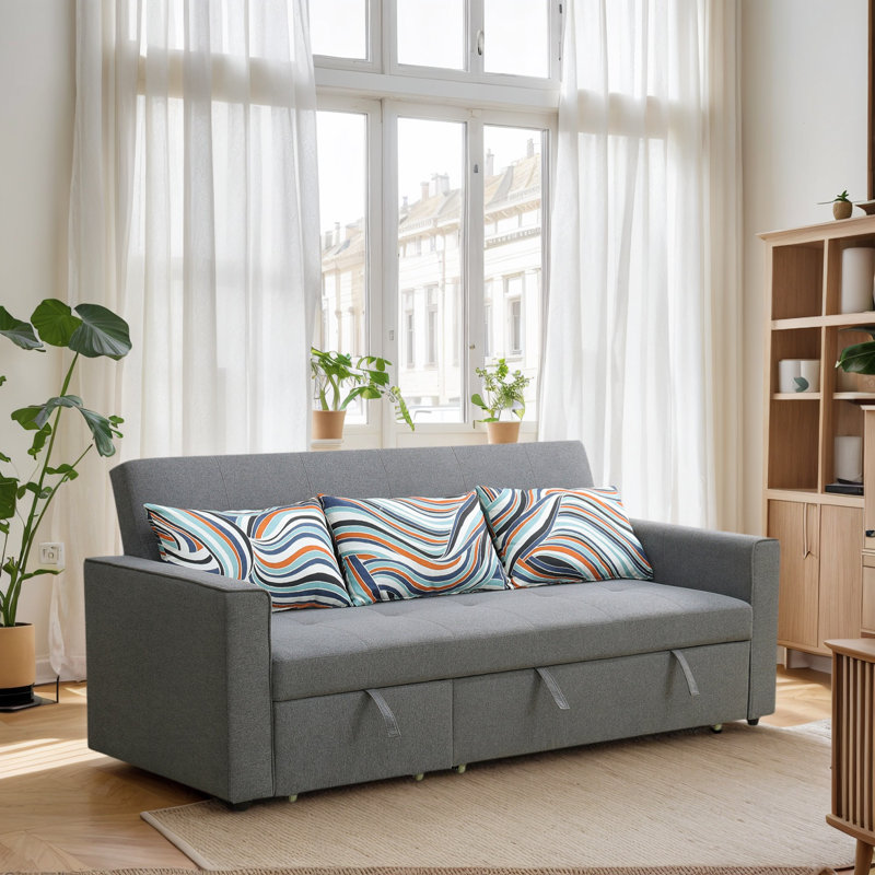 Canapé-lit convertible 3-en-1, canapé-lit moelleux en tissu de 77 po avec dossier réglable, canapé modulaire gris pour petit espace, lit escamotable jusqu'à 73 po