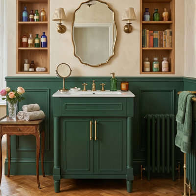 24" Freestanding Bathroom Vanity With Half-Moon Ceramic Sink, Modern Cabinet With 2 Doors And Adjustable Shelf, Green/White/Black