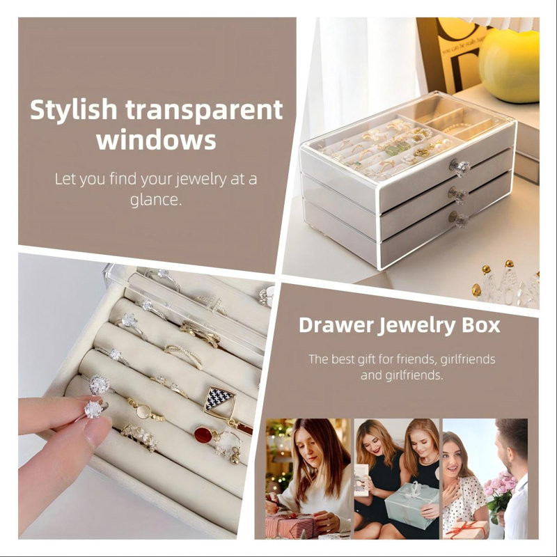 Acrylic Flannel 3 Drawer Earrings Bracelet Ring Jewellery Storage Box, Beige