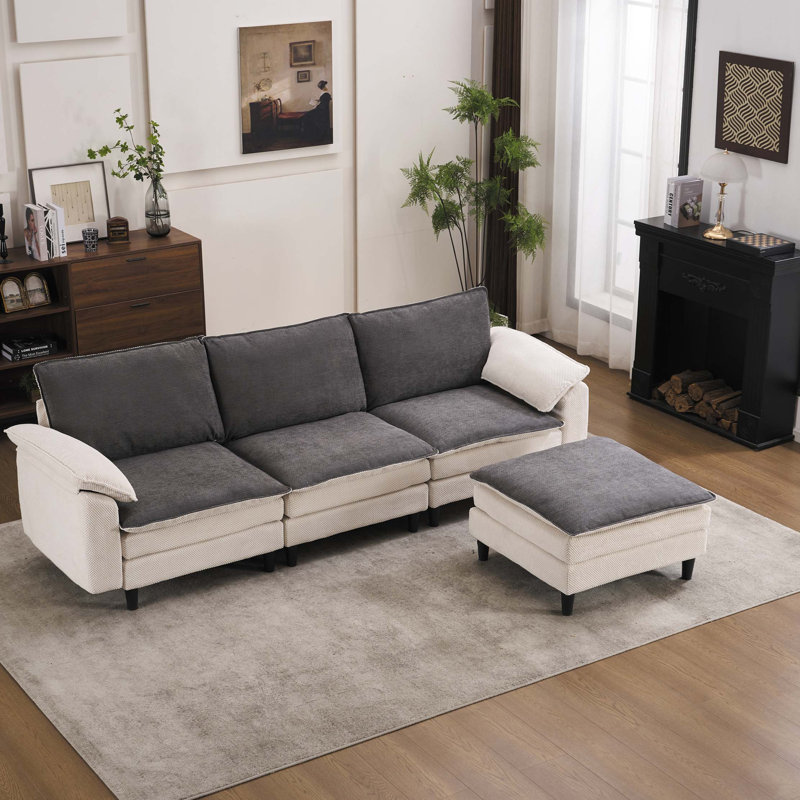 Canapé modulaire modulaire avec repose-pieds Cloud, White Chenille, 34.65" H x 100.39" W x 61.8" D, Black