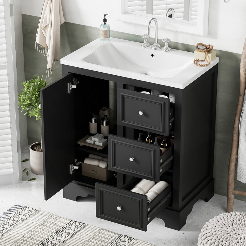 Meuble-lavabo de salle de bain avec lavabo en céramique, 3 tiroirs et tablettes réglables pour un rangement efficace
