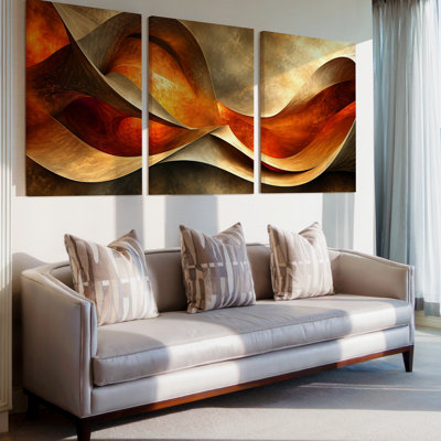 3 Pieces Exculisive Amber Copper and Burgundy Flowing Waves Large Wall Art Luxe, Modern Canvas Decor for Living Room, Bedroom, Office and Home