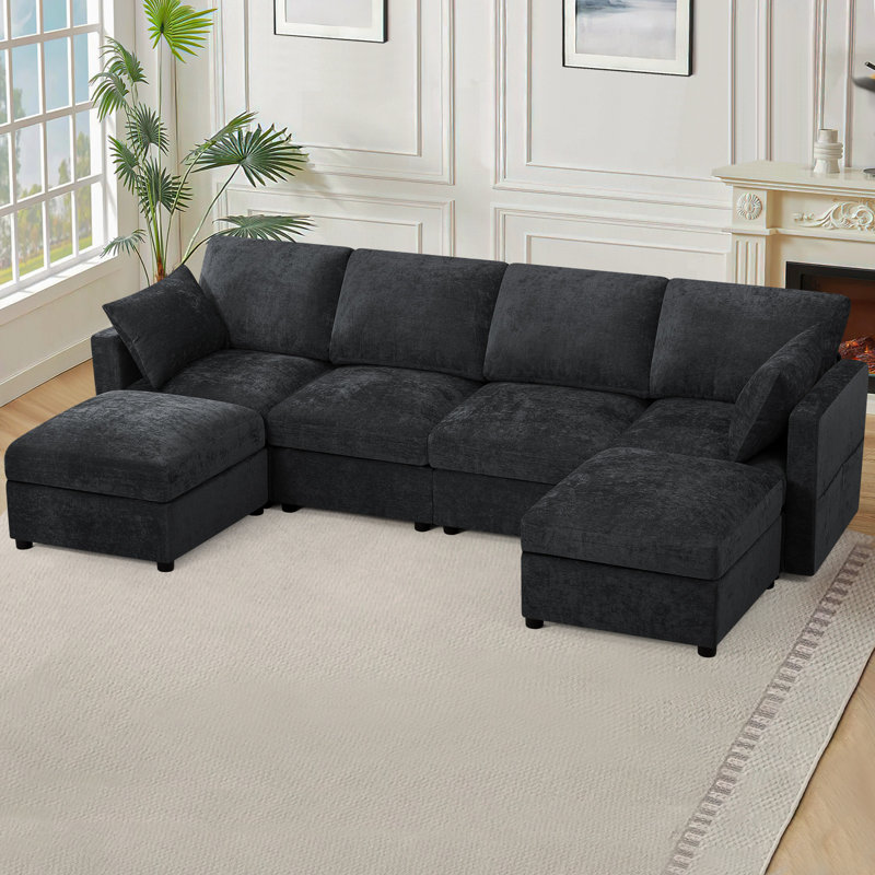 110" Chenille Sectional Sofa With Two Pillows And Ottoman, Modern 4-Seat Couch With Upholstered Cushion, U-Shape Sofa For Living Room, Office