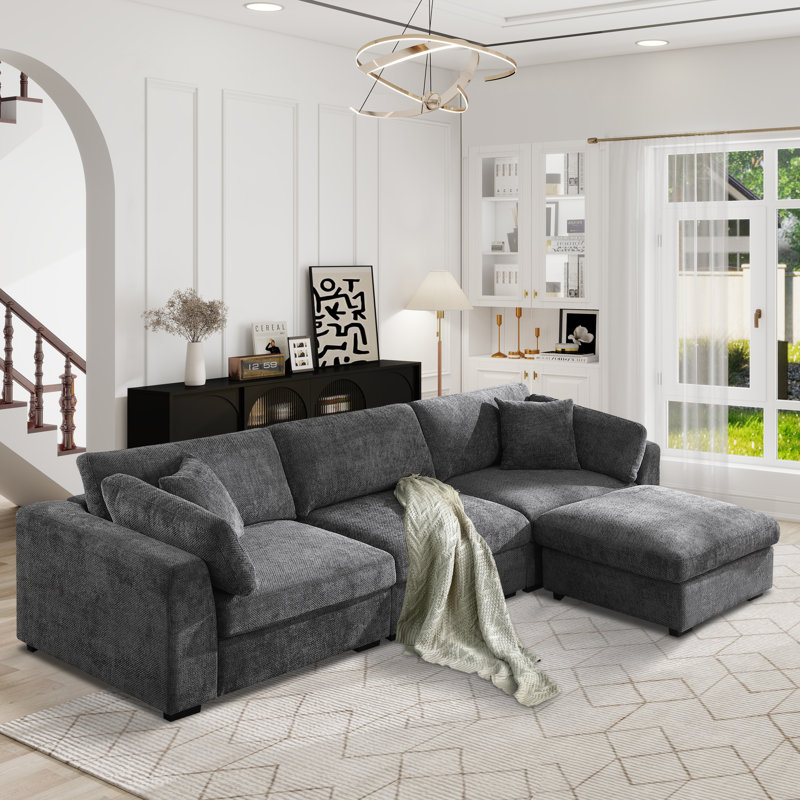 Oversized Modular L-shaped Sectional Sofa With Deep Seat, Wide Ottoman, Dark Gray Polyester Blend